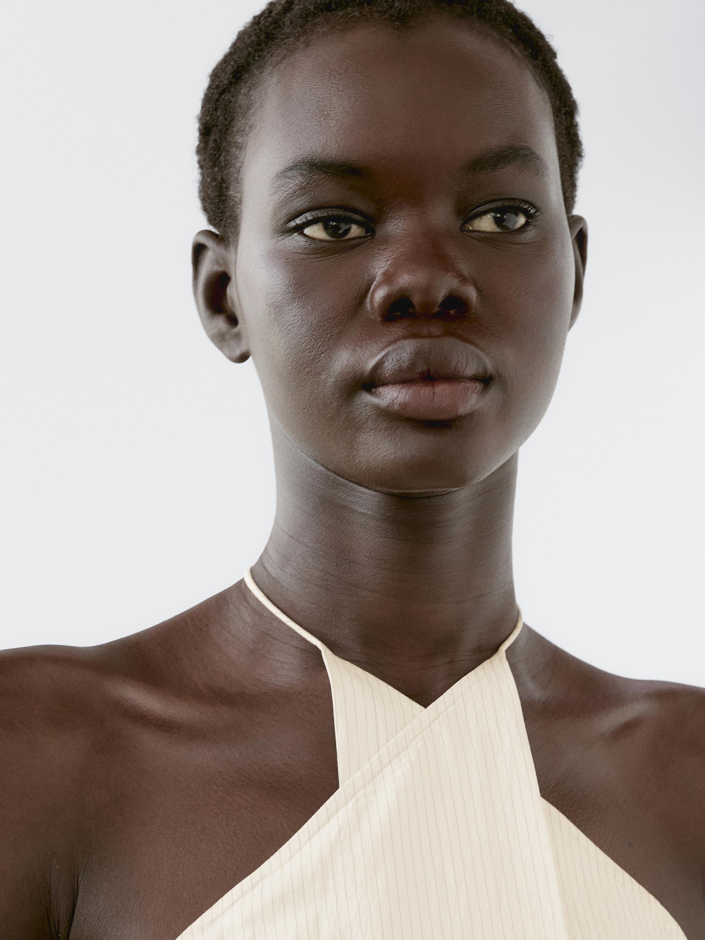 Top rayé à encolure américaine en coton mélangé